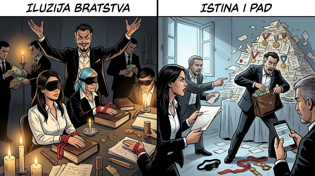 Satirični dip­tih: obećanje bratstva uz predaju novca, zatim suočavanje vođe sa pitanjima i dokumentima.