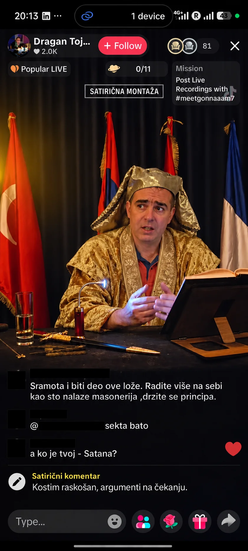 Satirična montaža. Rečenica „Kostim raskošan, argumenti na čekanju“ urednički je dodatak, a ne komentar sa LIVE-a.