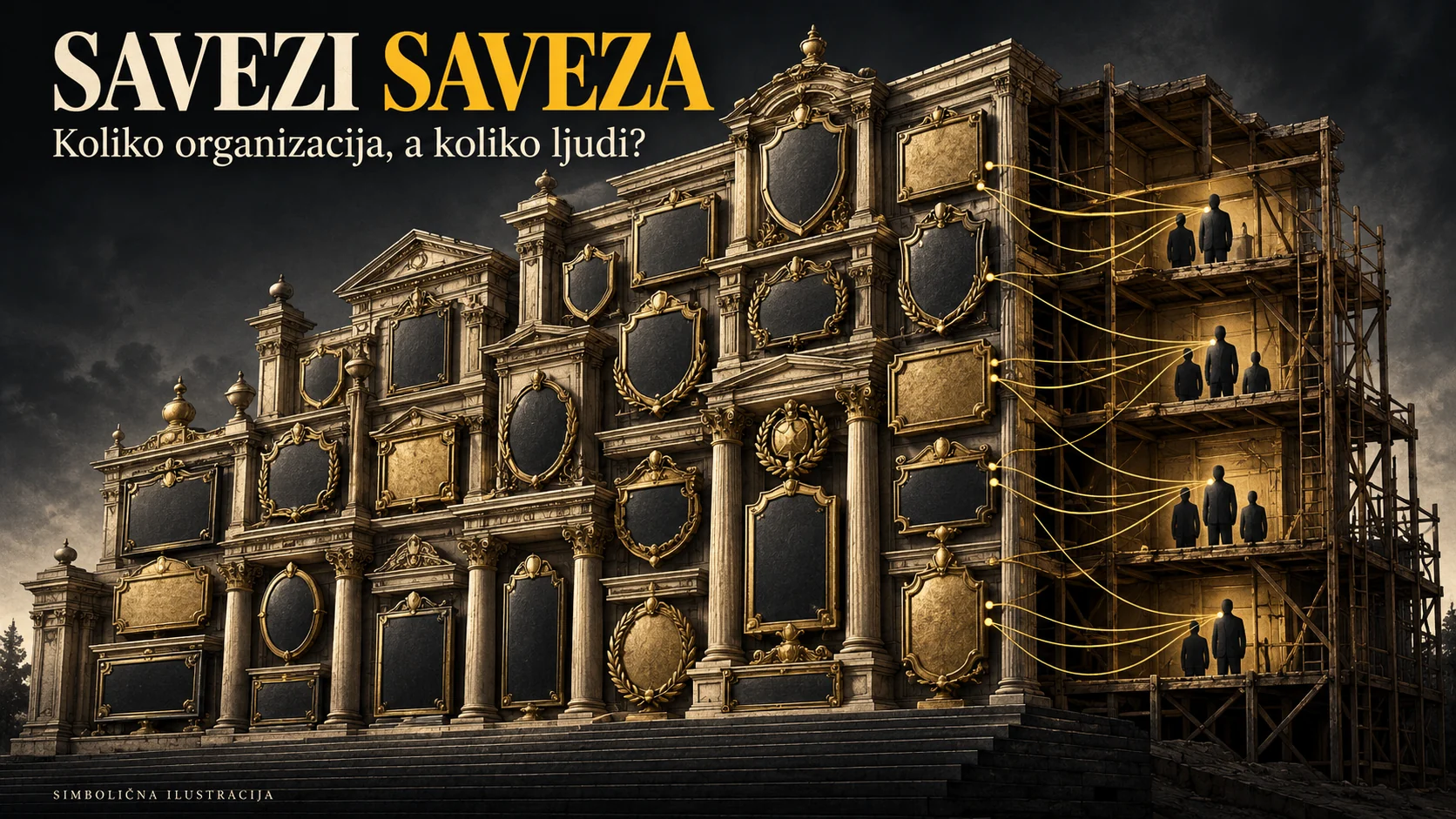 Simbolična ilustracija, generisana uz pomoć AI: mnoštvo naziva i pitanje organizacione samostalnosti. Ne prikazuje stvarne osobe, sedište ili utvrđen broj članova.